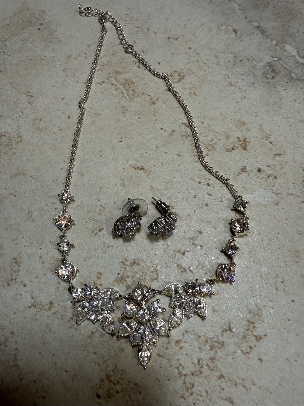 Silver Crystal Floral Statement Necklace and Stud Earrings Set